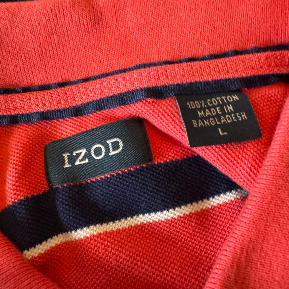 Vintage IZOD Mens Polo Shirt L Red Navy Striped Cotton Preppy Classic Americana - Picture 3 of 8